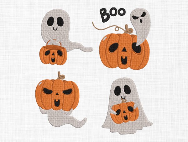 Cute Ghost with Pumpkin Embroidery Design - 5 Sizes