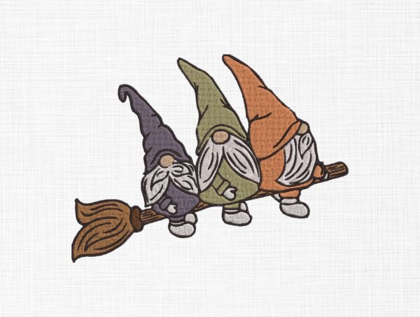 Gnomes on Broomstick Embroidery Design - 5 Sizes