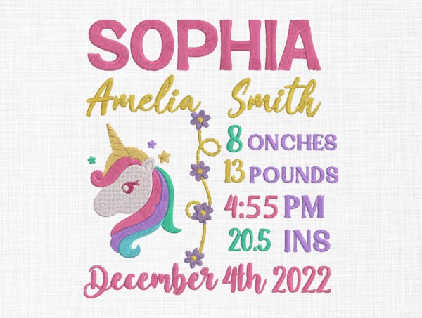 Baby Birth Unicorn Template Embroidery Design - 5 Sizes