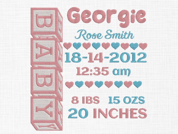 Baby Birth Template Embroidery Design- 5 Sizes