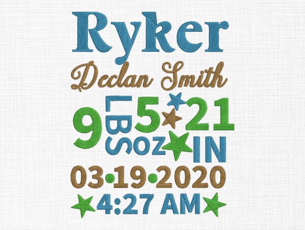 Baby Birth Stars Template Embroidery Design- 5 Sizes