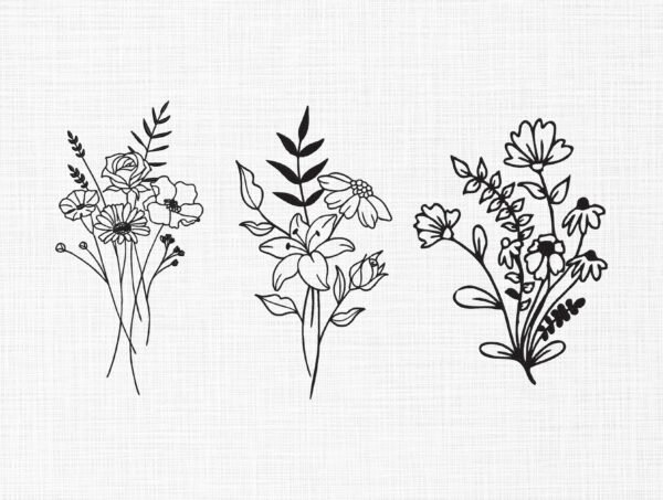 Flowers Bouquet Line Art Embroidery Design - 5 Sizes