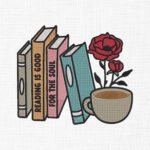 Books with Tea Embroidery Design - 5 Sizes