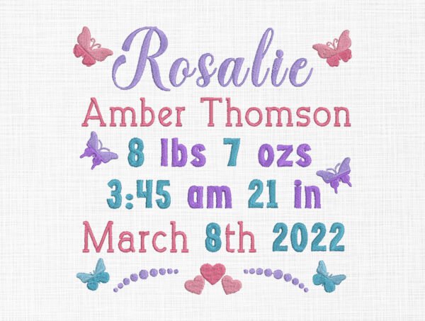 Baby Birth Announcement Butterfly Template Embroidery - 4 Sizes
