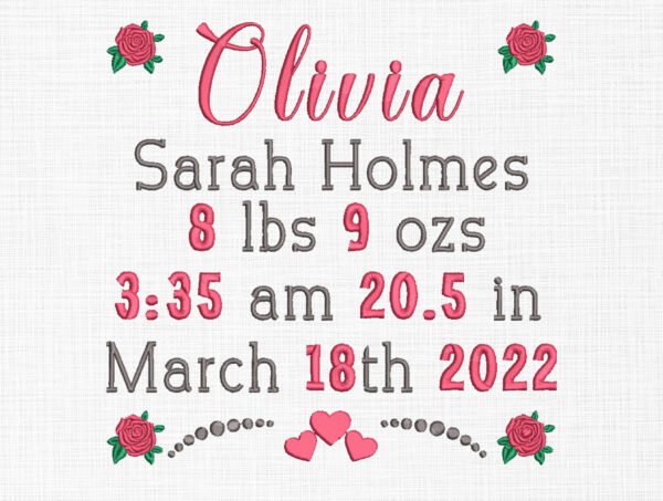 Olivia Rose Birth Template Embroidery Design - 5 Sizes