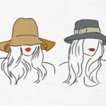 Line Art Women In Hat Embroidery Design - 5 Sizes