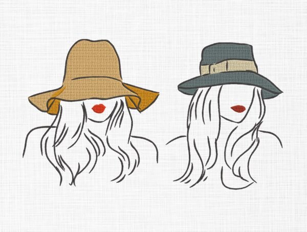 Line Art Women In Hat Embroidery Design - 5 Sizes