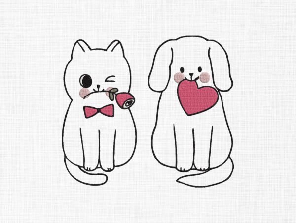 Couple Cats Line Art Embroidery Design - 5 Sizes