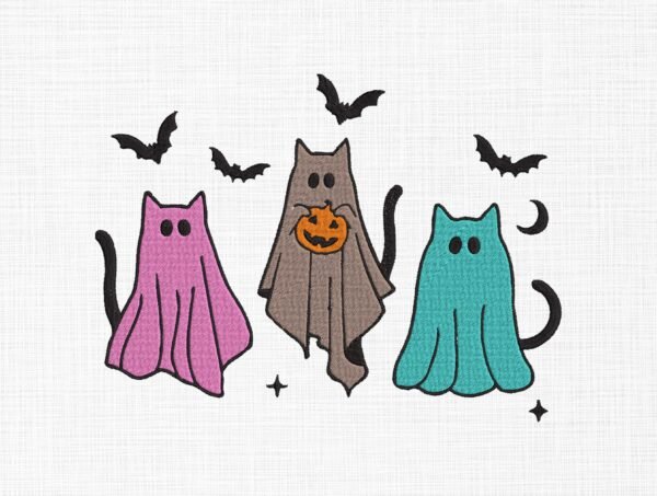 Cat Ghosts With Bats Embroidery Design - 5 Sizes