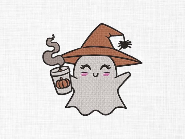 Cute Ghost with Coffee Embroidery Design - 5 Sizes