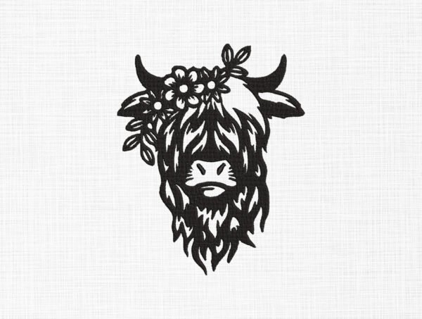 Floral Highland Cow Embroidery Design - 5 Sizes
