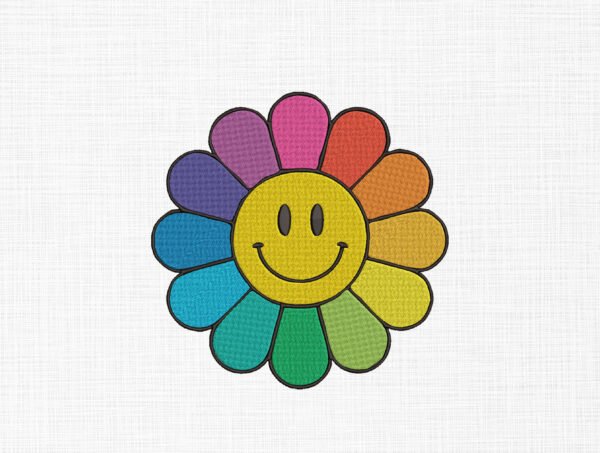 Rainbow Smiley Flower Embroidery Design - 5 Sizes