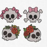 Floral Cute Skull With Bones Embroidery Design - 5 Sizes