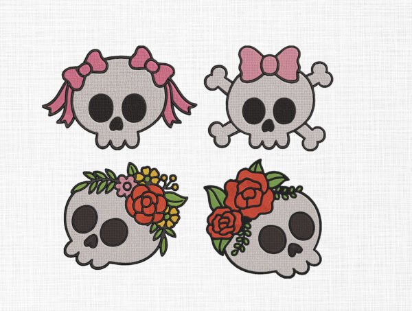 Floral Cute Skull With Bones Embroidery Design - 5 Sizes