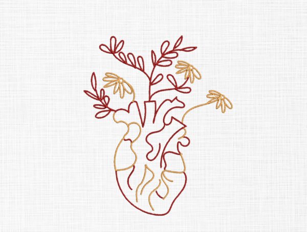 Floral Heart Line Art Embroidery Design - 5 Sizes