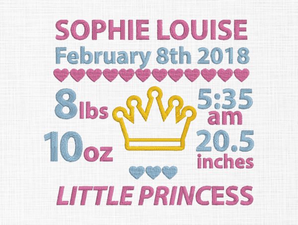 Baby Girl Birth Template Embroidery Design - 4 Sizes