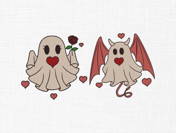 Devil Or Heart Cute Ghost Embroidery Design - 5 Sizes