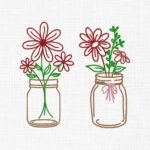 Flowers Line Art In Vase Embroidery Design - 5 Sizes