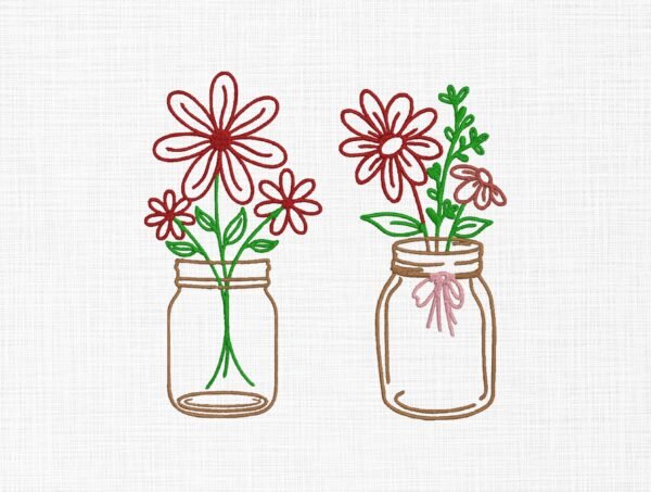 Flowers Line Art In Vase Embroidery Design - 5 Sizes