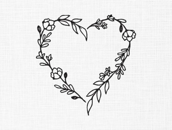 Floral Heart Line Art Embroidery Design - 5 Sizes