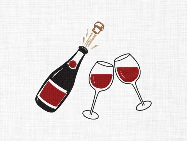 Wine Bottle With Glasses Embroidery Design - 5 Sizes
